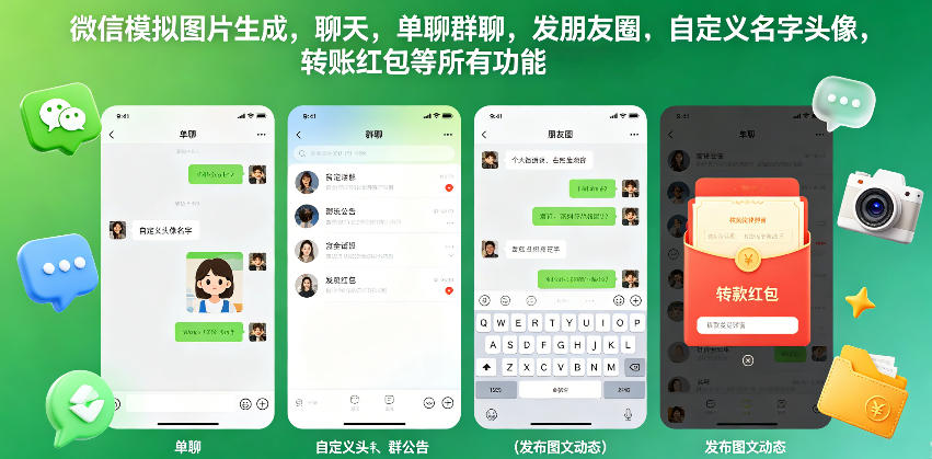 微信模拟图片生成,聊天,单聊群聊,发朋友圈,自定义名字头像,转账红包等所有功能都可以生成-小行网创