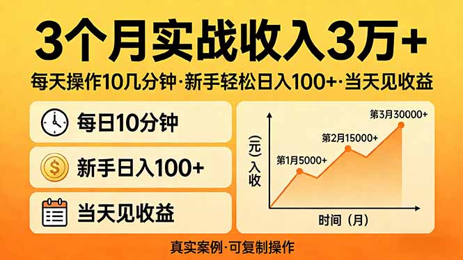 3个月实战收入3万+，每天操作10几分钟，新手轻松日入100+，当天见收益-小行网创