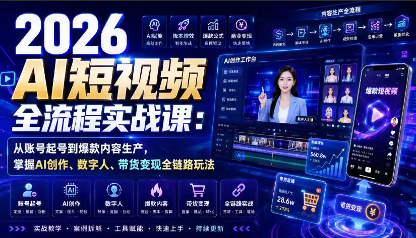 2026 AI短视频全流程实战课:从账号起号到爆款内容生产,掌握AI创作、数字人、带货变现全链路玩法-小行网创