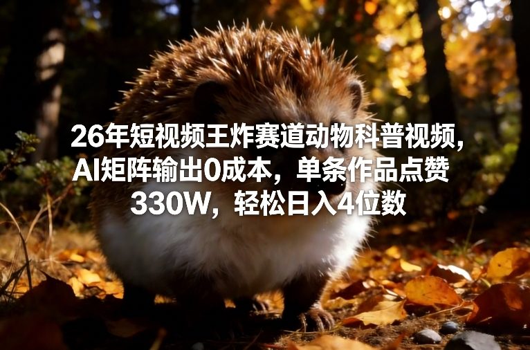 26年短视频王炸赛道动物科普视频，AI矩阵输出0成本，单条作品点赞330W，轻松日入4位数-小行网创