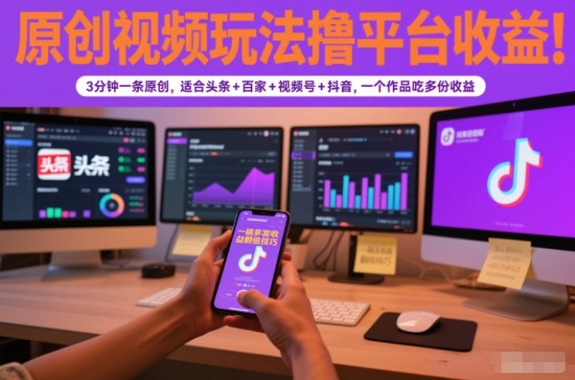 原创视频玩法撸平台收益,3分钟一条原创,适合头条+百家+视频号+抖音,一个作品吃多份收益-小行网创