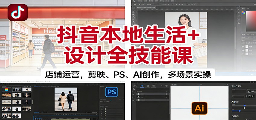 抖音本地生活+设计全技能课:店铺运营,剪映、PS、AI创作,多场景实操-小行网创