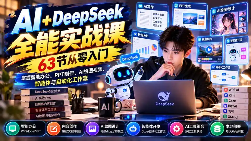 AI+DeepSeek全能实战课：63节从零入门，掌握智能办公、PPT制作、AI绘图视频、智能体与自动化工作流-小行网创