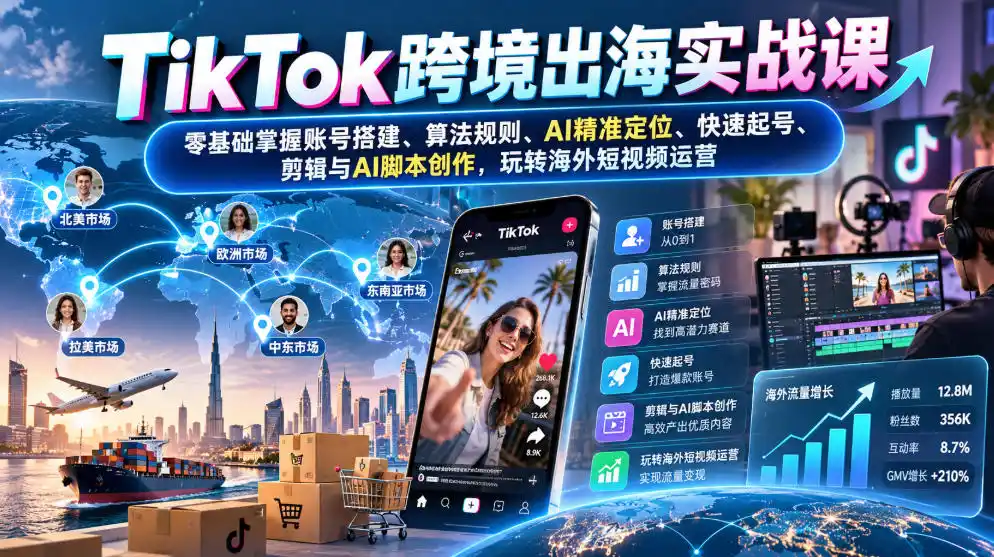 TikTok跨境出海实战课：零基础掌握账号搭建、算法规则、AI精准定位、快速起号、剪辑与AI脚本创作，玩转海外短视频运营-小行网创
