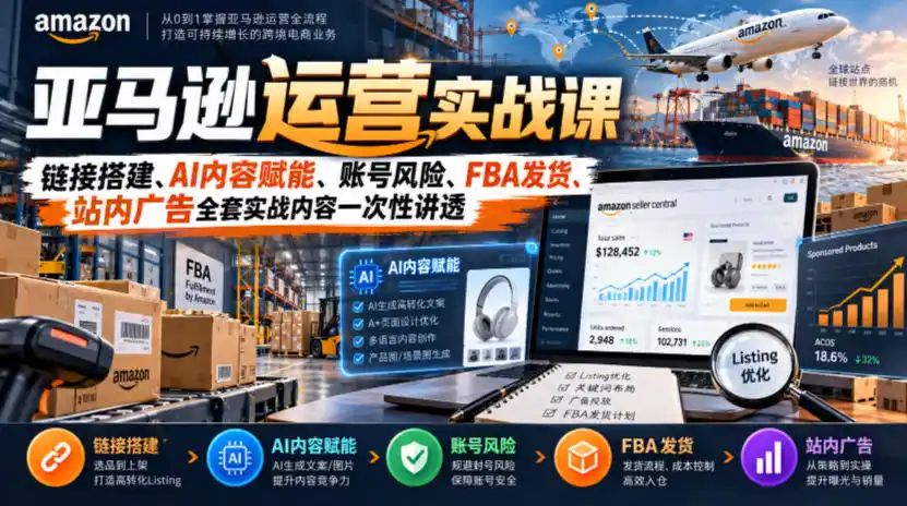 亚马逊运营实战课，链接搭建、AI内容赋能、账号风险、FBA发货、站内广告全套实战内容一次性讲透-小行网创