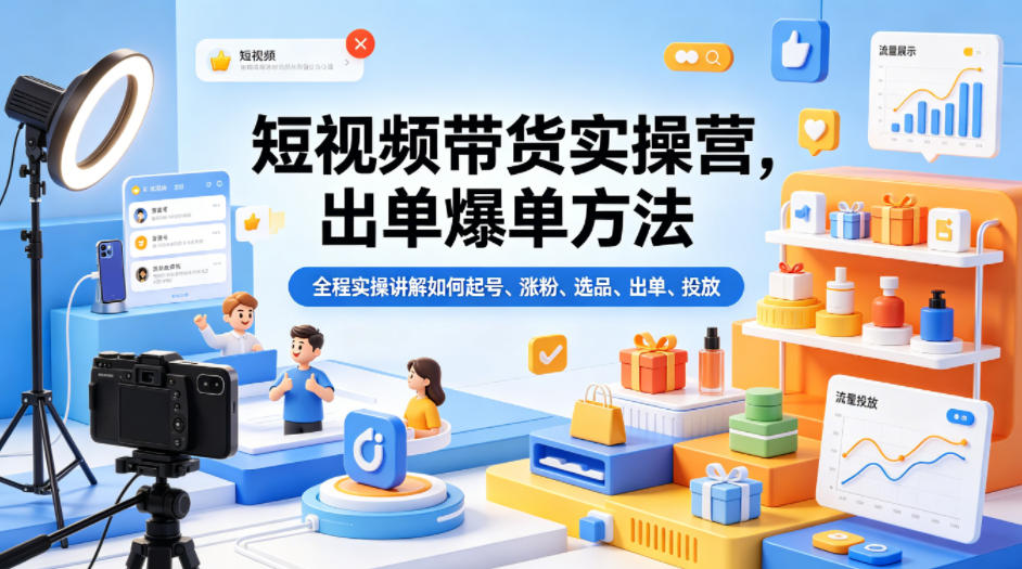 短视频带货实操营，出单爆单方法，全程实操讲解如何起号、涨粉、选品、出单、投放-小行网创