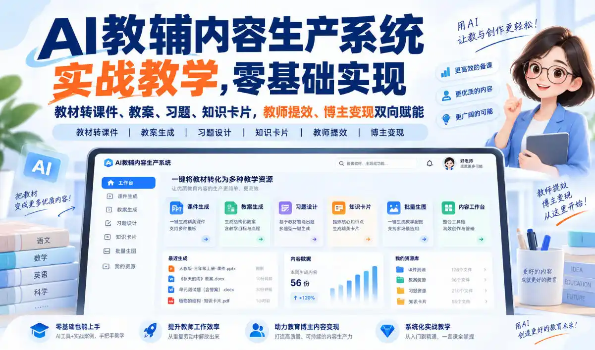 AI教辅内容生产系统实战教学，零基础实现教材转课件、教案、习题、知识卡片，教师提效、博主变现双向赋能-小行网创