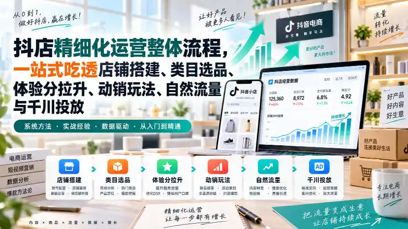 李哥电商-抖店精细化运营整体流程,一站式吃透店铺搭建、类目选品、体验分拉升、动销玩法、自然流量与千川投放-小行网创