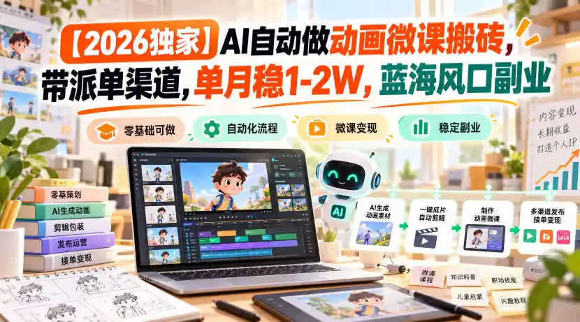 【2026独家】AI自动做动画微课搬砖，带派单渠道，单月稳1-2W，蓝海风口副业【揭秘】-小行网创