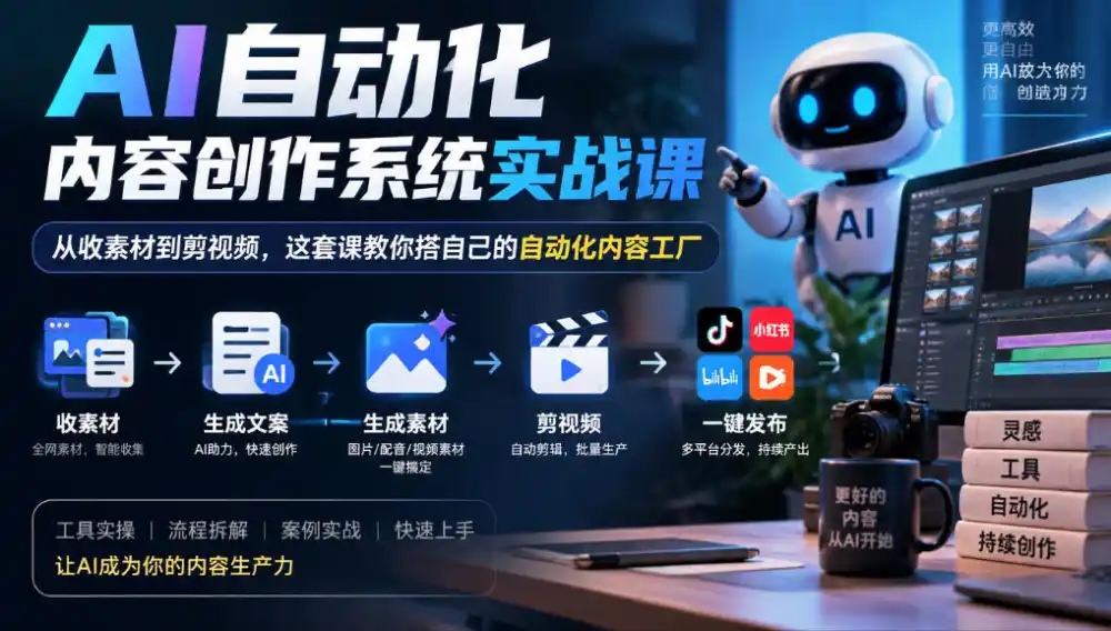 AI自动化内容创作系统实战课，从收素材到剪视频，这套课教你搭自己的自动化内容工厂-小行网创