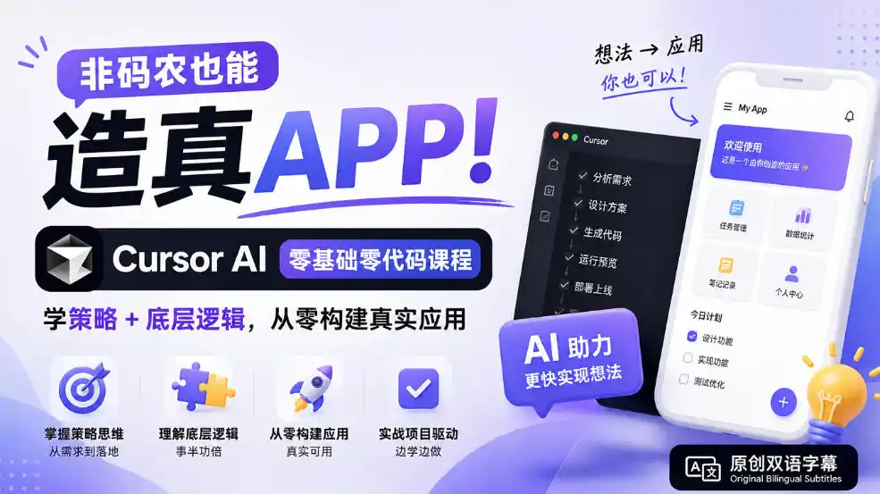 非码农也能造真APP!Cursor AI零基础零代码课程:学策略+底层逻辑,从零构建真实应用【原创双语字幕】