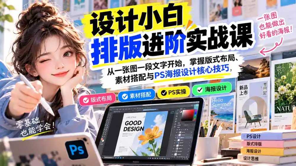 设计小白排版进阶实战课：从一张图一段文字开始，掌握版式布局、素材搭配与PS海报设计核心技巧-小行网创