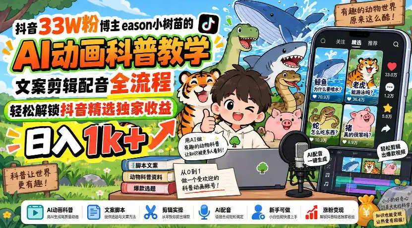 抖音33W粉博主eason小树苗的AI动画科普教学,文案剪辑配音全流程,轻松解锁抖音精选独家收益,日入1k+-小行网创