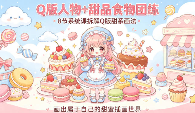 Q版人物+甜品食物团练，8节系统课拆解Q版甜系画法，画出属于自己的甜蜜插画世界-小行网创