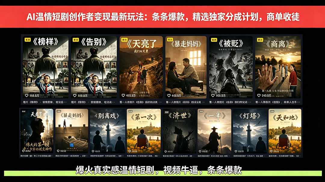 AI温情短剧创作者变现最新玩法：视频牛逼，条条爆款，精选独家分成计划，商单收徒-小行网创