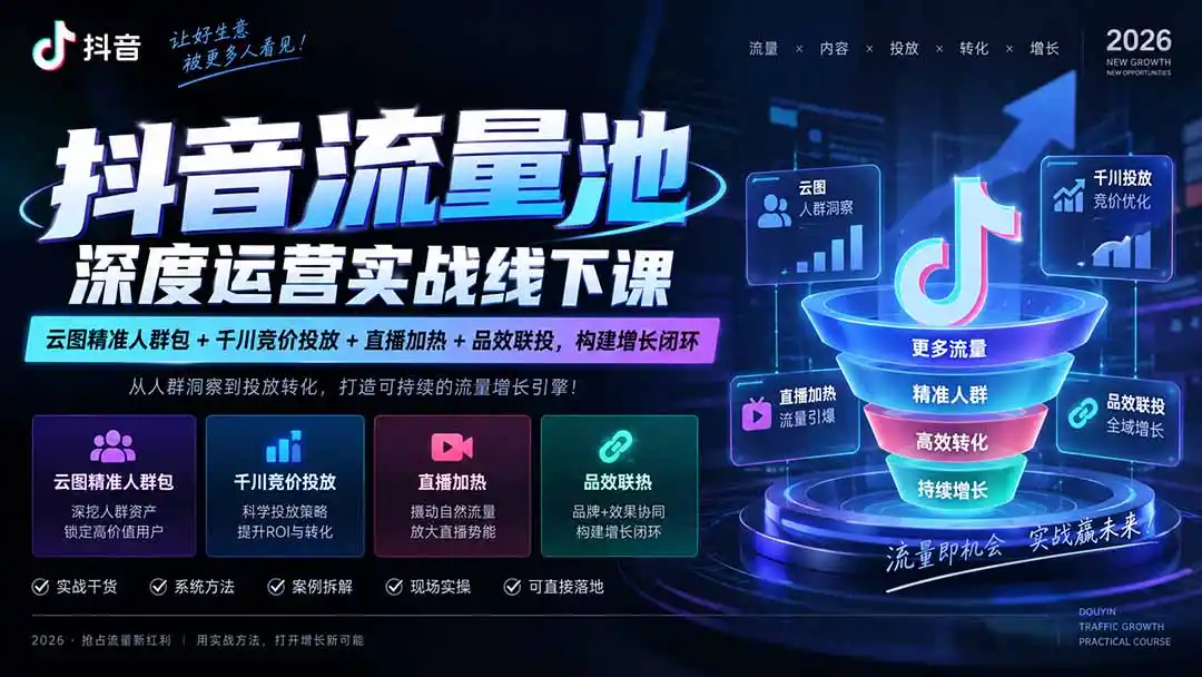 抖音流量池深度运营实战线下课｜云图精准人群包+千川竞价投放+直播加热+品效联投，构建增长闭环-小行网创