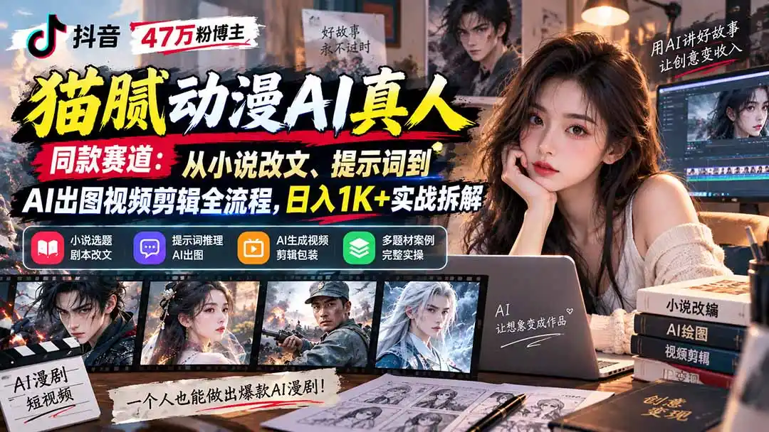 抖音47万粉博主猫腻动漫AI真人同款赛道：从小说改文、提示词到AI出图视频剪辑全流程，日入1K+实战拆解-小行网创
