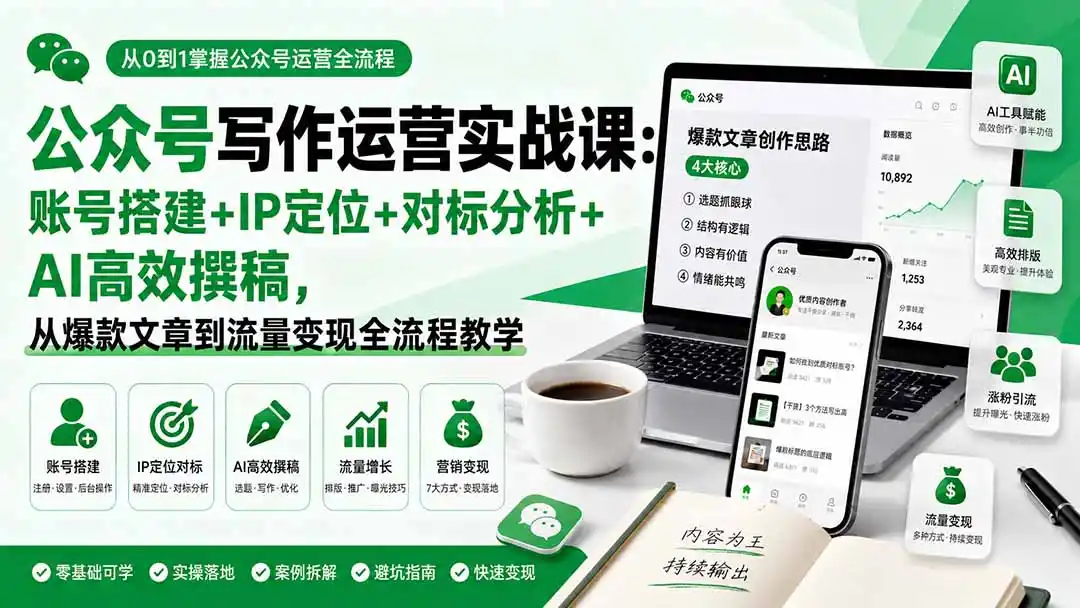 公众号写作运营实战课：账号搭建+IP定位+对标分析+AI高效撰稿，从爆款文章到流量变现全流程教学-小行网创