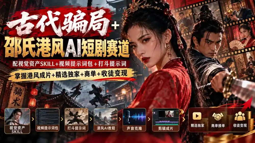 古代骗局+邵氏港风AI短剧赛道:配视觉资产SKILL+视频提示词包+打斗提示词,掌握港风成片+精选独家+商单+收徒变现-小行网创