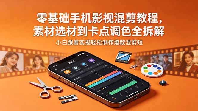 零基础手机影视混剪教程，素材选材到卡点调色全拆解，小白跟着实操轻松制作爆款混剪短片-小行网创