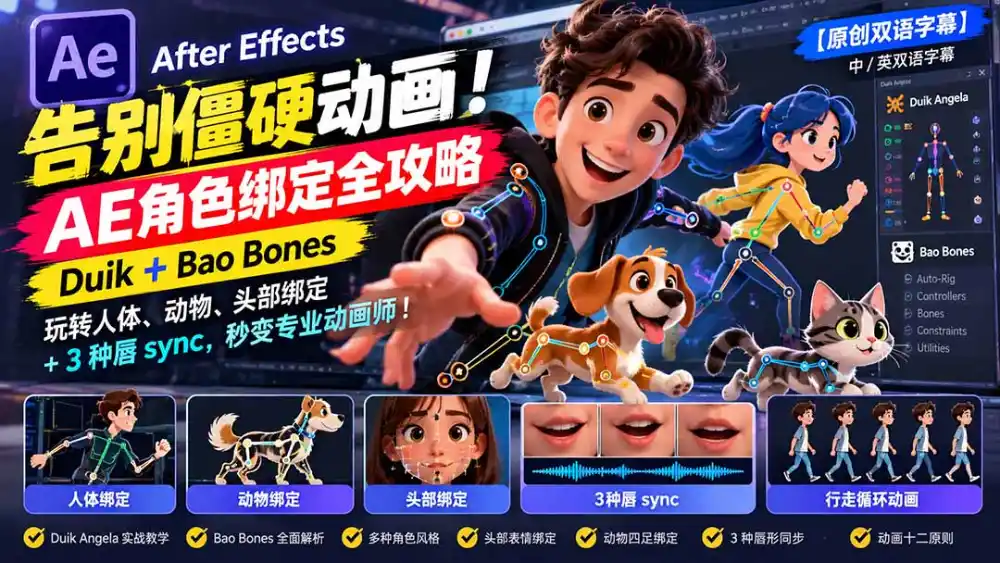 【无水印】告别僵硬动画！AE 角色绑定全攻略：Duik+Bao Bones玩转人体/动物/头部绑定+3种唇sync，秒变专业动画师-小行网创