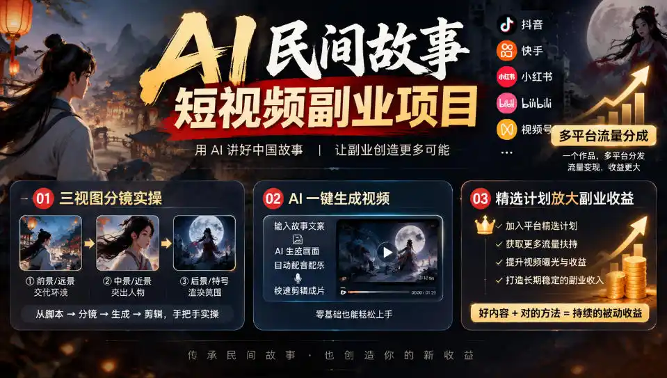 AI民间故事短视频副业项目，多平台流量分成，三视图分镜实操，精选计划放大副业收益-小行网创