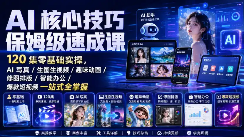 AI核心技巧保姆级速成课｜120集零基础实操，AI写真/生图生视频/趣味动画/修图排版/智能办公/爆款短视频一站式全掌握-小行网创