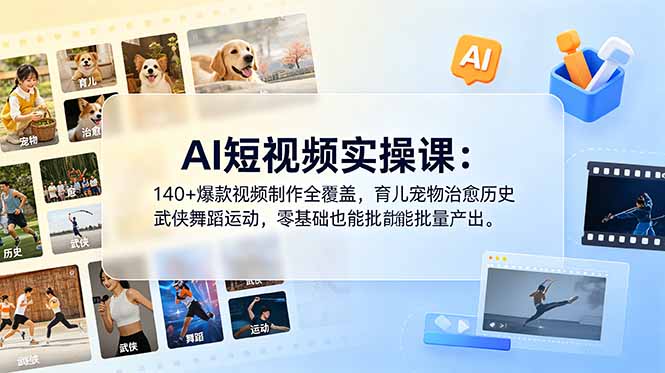 AI短视频实操课:140+爆款视频制作全覆盖,育儿宠物治愈历史武侠舞蹈运动,零基础也能批量产出-小行网创