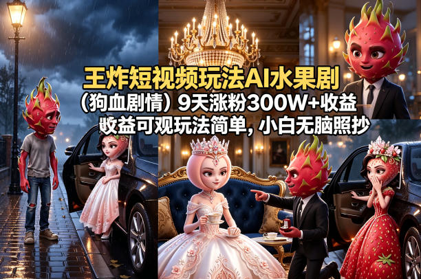 王炸短视频玩法AI水果剧(狗血剧情)9天涨粉300W+收益可观玩法简单，小白无脑照抄，详细拆解玩法-小行网创