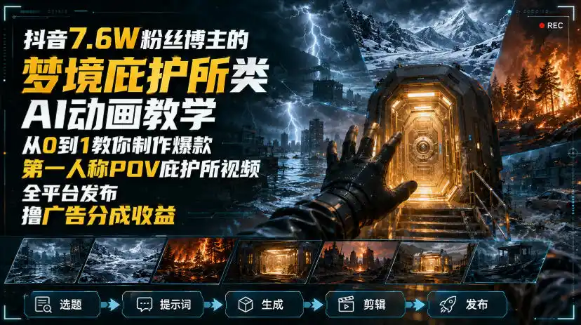 抖音7.6W粉丝博主的梦境庇护所类AI动画教学,从0到1教你制作爆款第一人称POV庇护所视频,全平台发布撸广告分成收益-小行网创