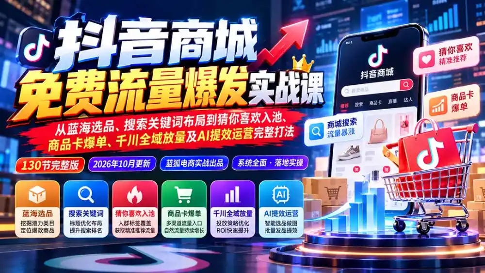 抖店城免费流量爆发实战-更新：蓝海选品、搜索关键词布局到猜你喜欢入池、商品卡爆单、千川全域放量及AI提效完整打法-小行网创