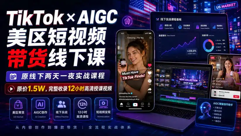 TikTok×AIGC美区短视频带货线下课,原线下两天一夜实战课程,原价1.5W,完整收录12小时高清授课视频-小行网创