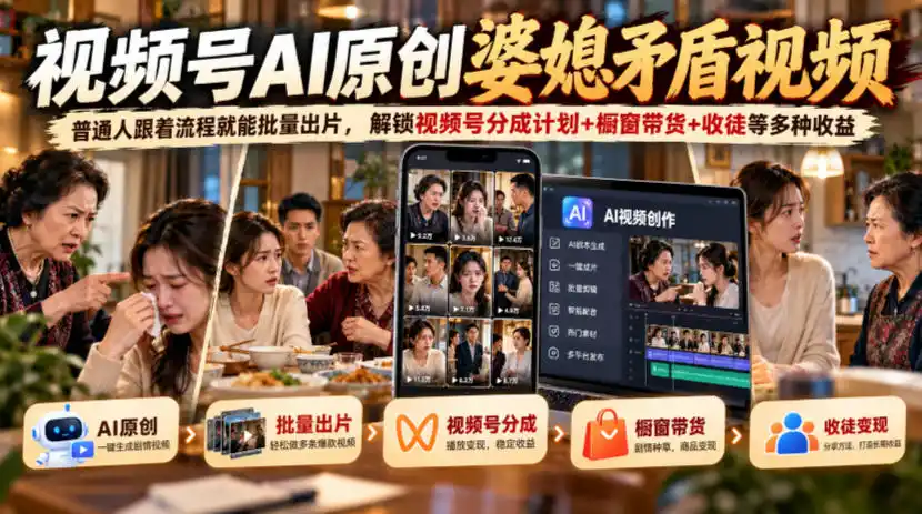 视频号ai原创婆媳矛盾视频,普通人跟着流程就能批量出片,解锁视频号分成计划+橱窗带货+收徒等多种收益-小行网创