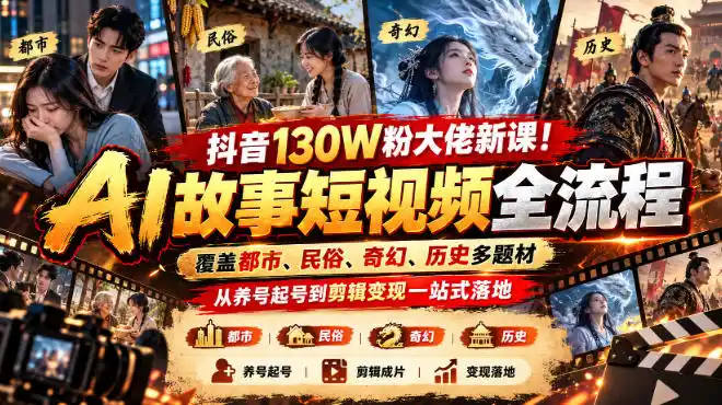 抖音130W粉大佬新课！AI故事短视频全流程，覆盖都市、民俗、奇幻、历史多题材，从养号起号到剪辑变现一站式落地-小行网创