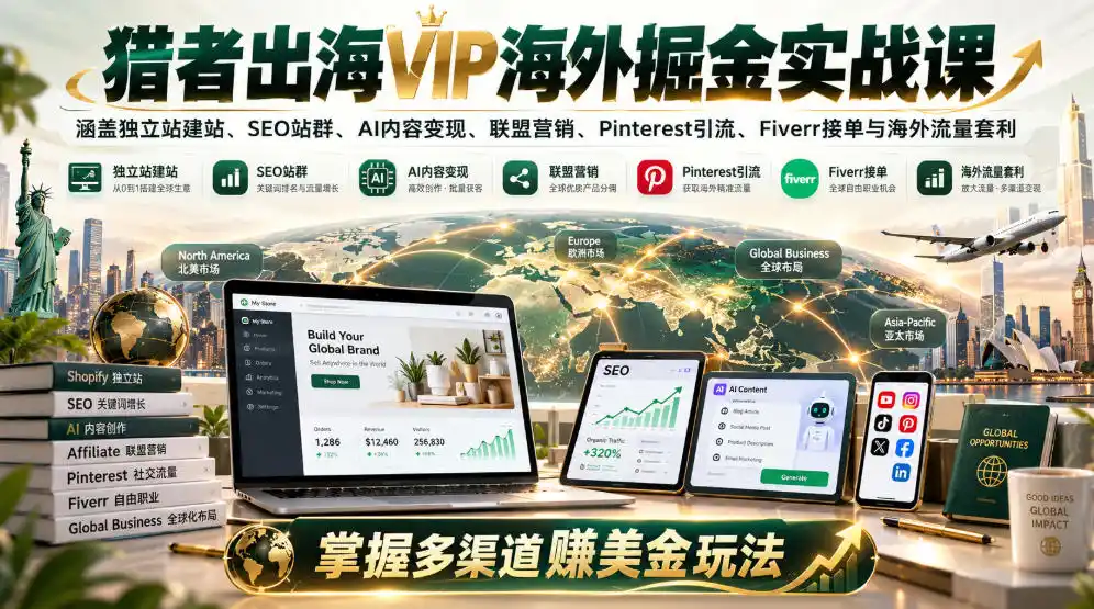 猎者出海VIP海外掘金实战课:涵盖独立站、SEO站群、AI变现、联盟营销、Pinterest引流、Fiverr接单与海外流量套利,掌握多渠道賺美金玩法-小行网创
