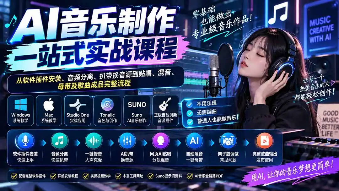 AI音乐制作一站式实战课程:从软件插件安装、音频分离、扒带换音源到贴唱、混音、母带及歌曲成品完整流程-小行网创