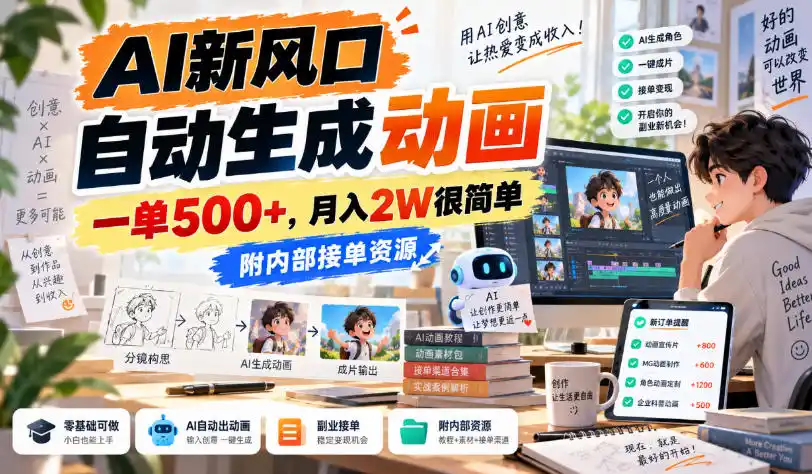 AI新风口，自动生成动画，一单500+，月入2W很简单，附内部接单资源【揭秘】-小行网创
