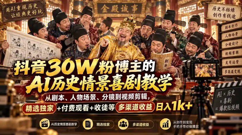 抖音30W粉博主的AI历史情景喜剧教学,从剧本、人物场景、分镜到视频剪辑,精选独家+付费观看+收徒等多渠道收益日入1k+-小行网创