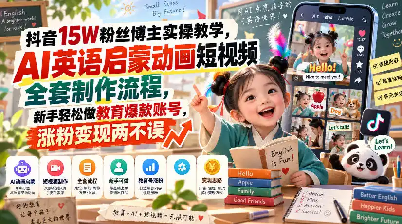 抖音15W粉丝博主实操教学,AI英语启蒙动画短视频全套制作流程,新手轻松做教育爆款账号,涨粉变现两不误-小行网创