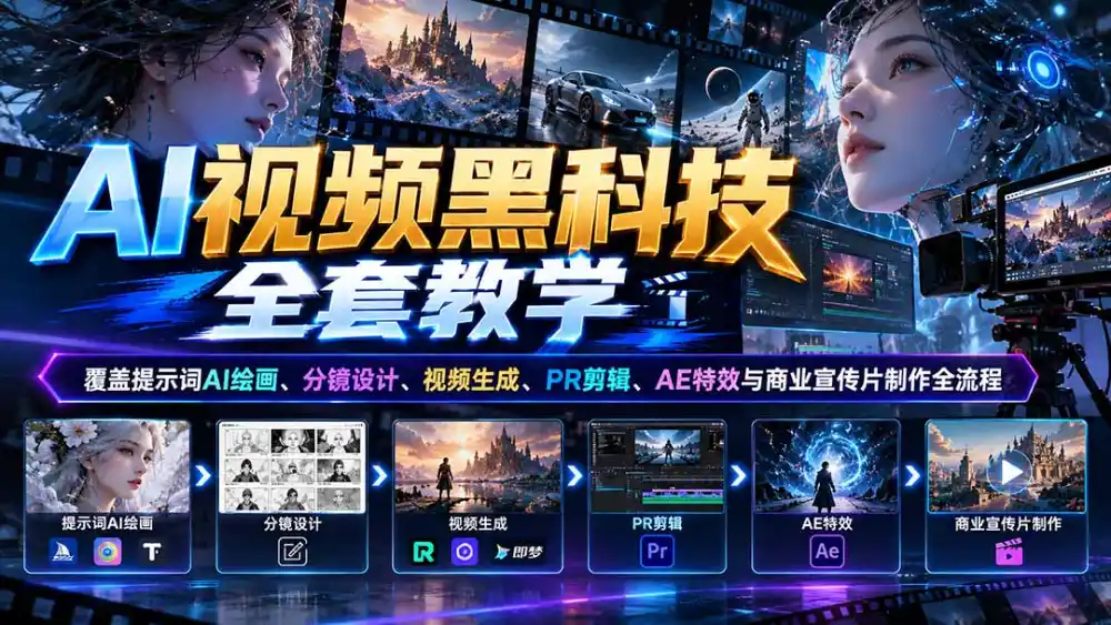 AI视频黑科技全套教学：覆盖提示词AI绘画、分镜设计、视频生成、PR剪辑、AE特效与商业宣传片制作全流程-小行网创