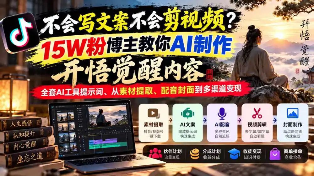 不会写文案不会剪视频?15W粉博主教你AI制作开悟觉醒内容,全套AI工具提示词、从素材提取、配音封面到多渠道变现-小行网创