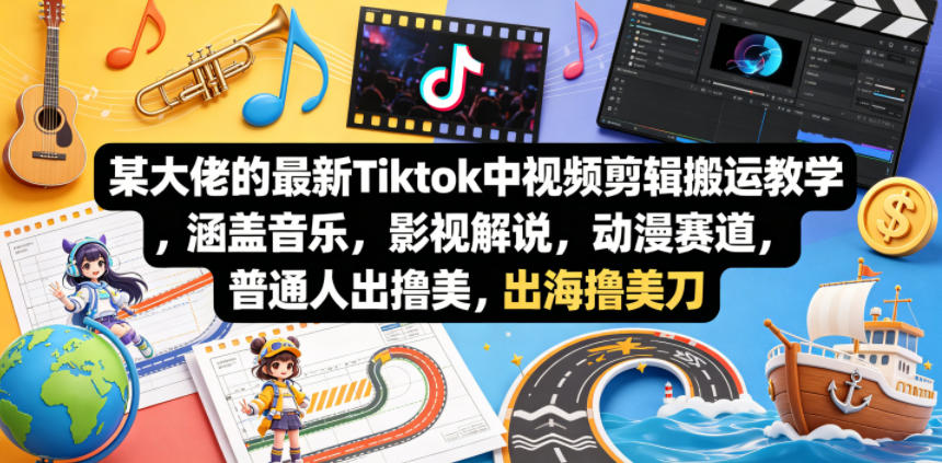 某大佬的最新Tiktok中视频剪辑搬运教学，涵盖音乐，影视解说，动漫赛道，普通人出海撸美刀-小行网创