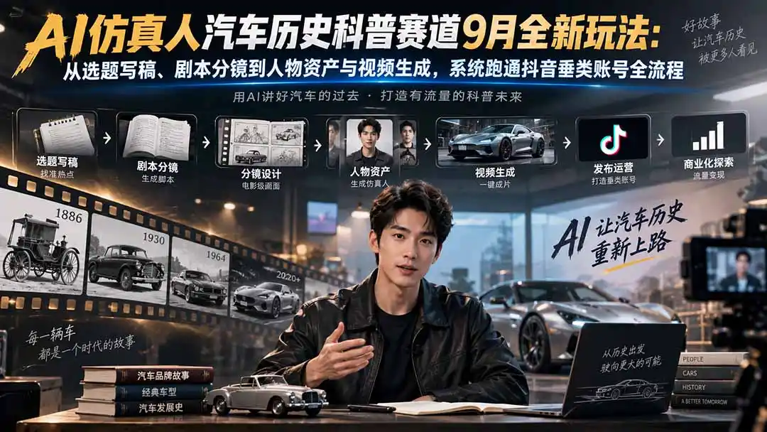 AI仿真人汽车历史科普赛道9月全新玩法：从选题写稿、剧本分镜到人物资产与视频生成，系统跑通抖音垂类账号全流程-小行网创