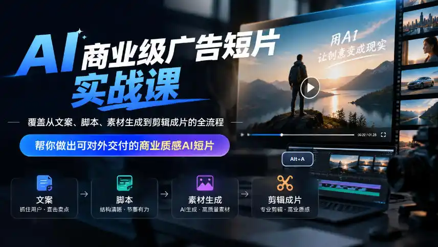 AI商业级广告短片实战课,覆盖从文案、脚本、素材生成到剪辑成片的全流程,帮你做出可对外交付的商业质感AI短片-小行网创