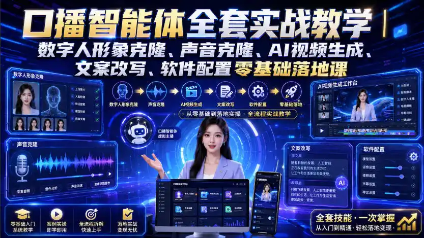 口播智能体全套实战教学|数字人形象克隆、声音克隆、AI视频生成、文案改写、软件配置零基础落地课-小行网创