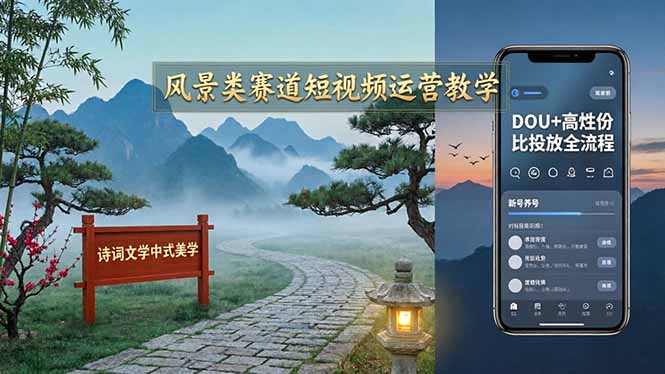 风景类赛道短视频运营教学：诗词文学中式美学，新号养号对标账号定位，DOU+高性价比投放全流程-小行网创