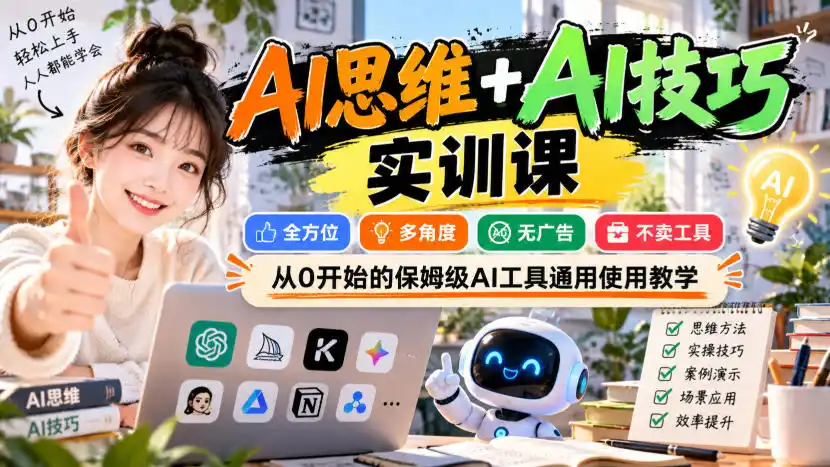 【无水印】AI思维+AI技巧实训课,全方位、多角度、无广告、不卖工具,从0开始的保姆级AI工具通用使用教学-小行网创
