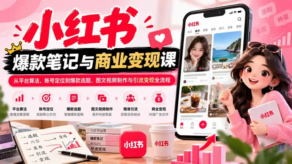 2026小红书爆款笔记与商业变现课：从平台算法、账号定位到爆款选题、图文视频制作与引流变现全流程-小行网创