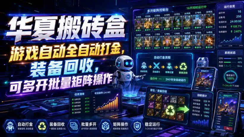 华夏搬砖盒，游戏自动全自动打金，装备回收，可多开批量矩阵操作-小行网创