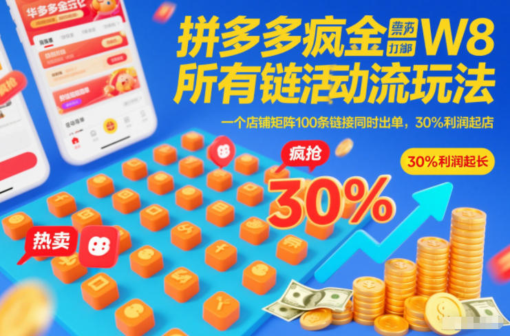 拼多多疯狂活动流玩法，所有链接全部打标，一个店铺矩阵100条链接同时出单，30%利润起店-小行网创